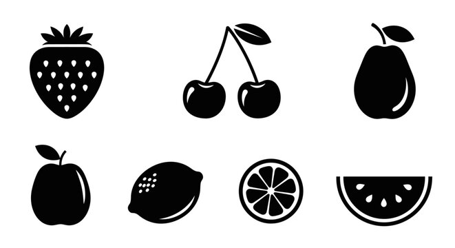 Eight black fruit icons on white background with icons arranged two rows white strawberry watermelon nutrition healthy cherry orange eating with apple