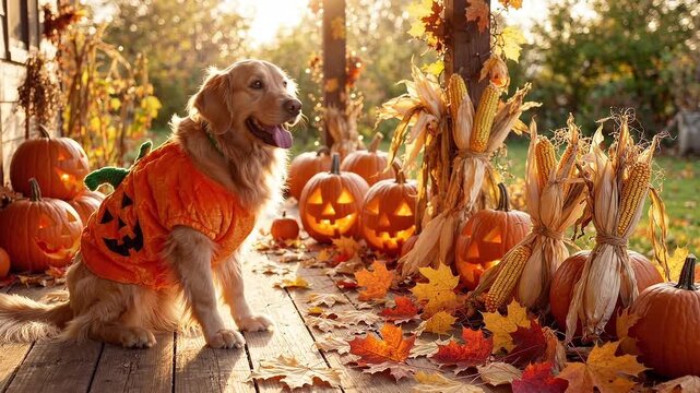 Cute Golden Retriever Dog with Pumpkins Autumn Halloween
