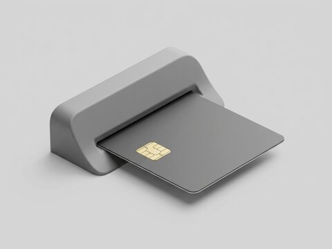 Credit card inserting into reader slot mockup on grey