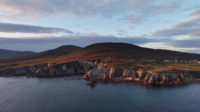 a tranquil outdoor scene capturing the beauty of a natural landscape with hills and water, viewed from a wide-angle, panoramic perspective, showcasing the serene and peaceful atmosphere ofa.