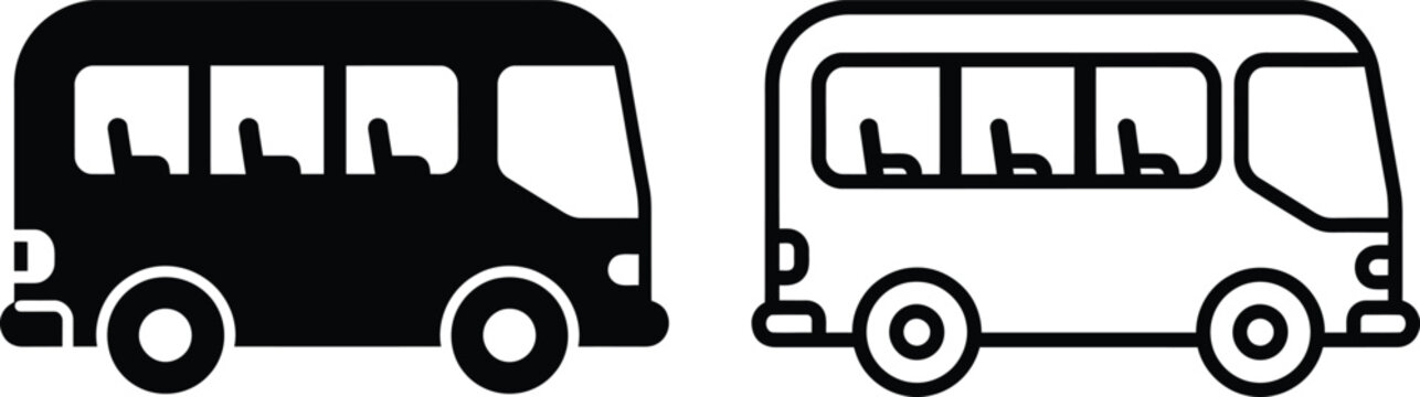 Mini bus silhouette and outline vector icons showing passenger vehicle side view with public transport, black and white
