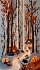 Naklejka premium Nordic forest bioluminescence models made of interlocking terracotta and cream neon patches are taken from a clean minimalist organic art perspective