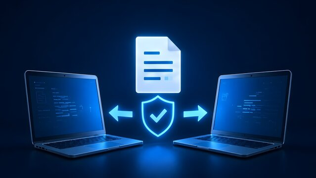 Two laptops sharing glowing digital document with shield checkmark representing secure peer to peer network file transfer