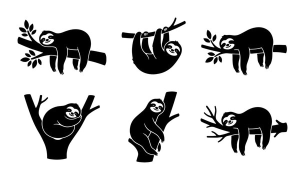 Sloth Vector Icons Set, Cute Animal Silhouettes Hanging on Branches, Black and White Mammal Graphics for Nature and Wildlife Designs