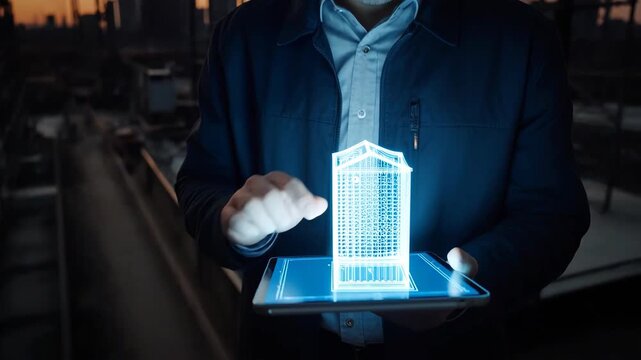 Futuristic architect project: digital hologram, building plan, modern construction, tech blueprint, smart tablet, site worker, sunset background.