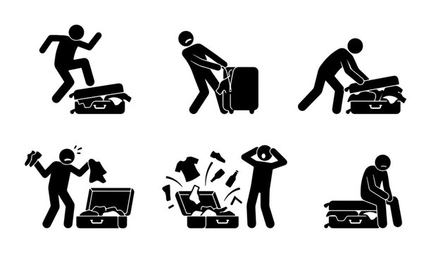 Packing Struggle Icons, Luggage Chaos Vector Set: Frustration, Overpacking, Travel Mishaps, Stick Figure Journey, Vacation Preparation Graphics