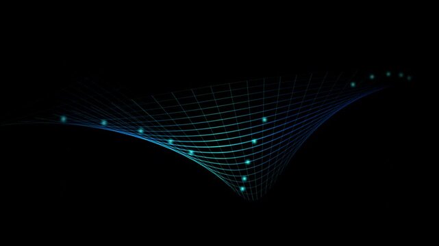 Abstract glowing blue grid lines and particles flowing on a dark background representing digital