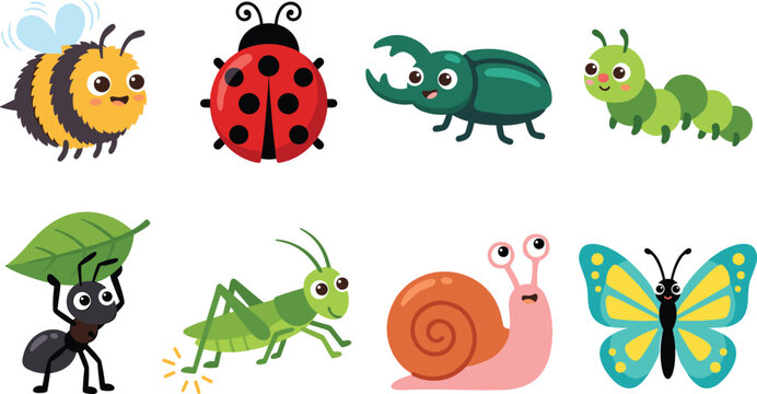 Cute Cartoon Insects and Garden Bugs Vector Icon Set Featuring Bumblebee Ladybug Stag Beetle Caterpillar Ant Grasshopper Snail and Butterfly Characters
