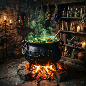 A mystical iron cauldron bubbling with green potion over a fire in a dark witch workshop.