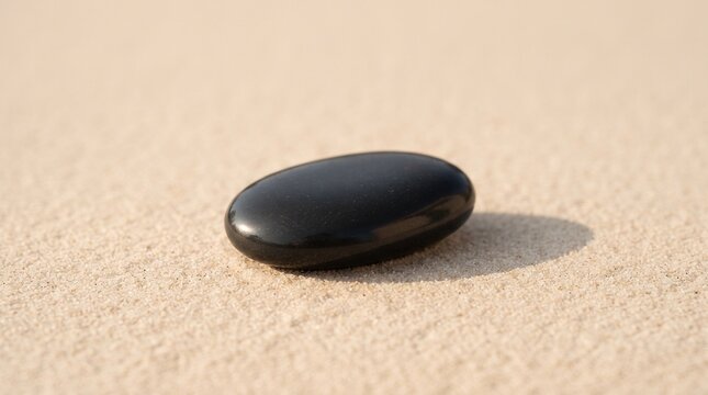 Smooth black basalt massage stone lying on clean white beach sand