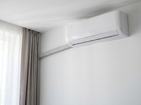 Modern white split system air conditioner mounted on clean white wall with curtains and window providing natural light.