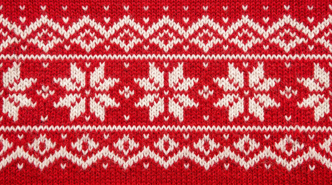 Traditional nordic pattern with snowflakes and geometric shapes in vibrant red and white