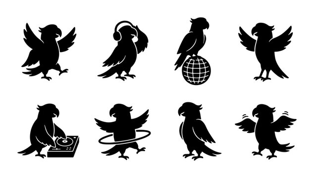 Chirpy Parrot Icons: DJ, Music Lover, Dancer, Party Bird Silhouettes, Vector Set for Fun Branding and Wildlife Themes