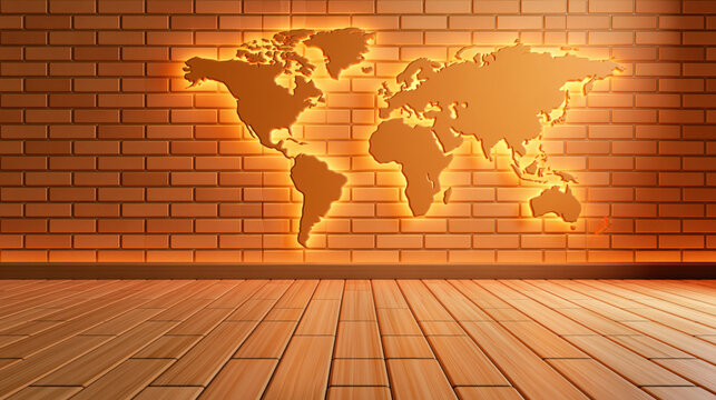 World map mural orange brick wall interior wooden floor global travel background