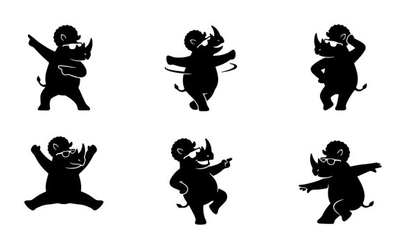 Playful Rhino Character Set, 6 Silhouettes, Fun Animal Poses, Cartoon Style, Vector Graphics for Kids and Branding