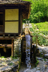 A traditional watermill in a lush green forest, with water flowing down a wooden chute and turning the mill wheel. © Nick