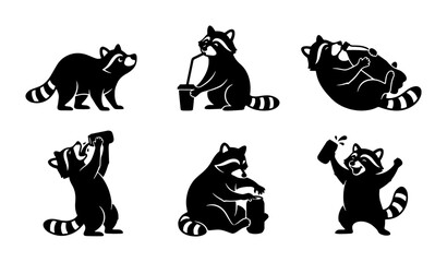 Naklejka premium Playful Raccoon Vector Icons, Cute Animal Silhouettes for Graphic Design, Whimsical Wildlife Illustrations