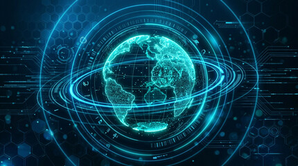 Fototapeta premium Digital globe with data nodes and glowing network lines in cyberspace