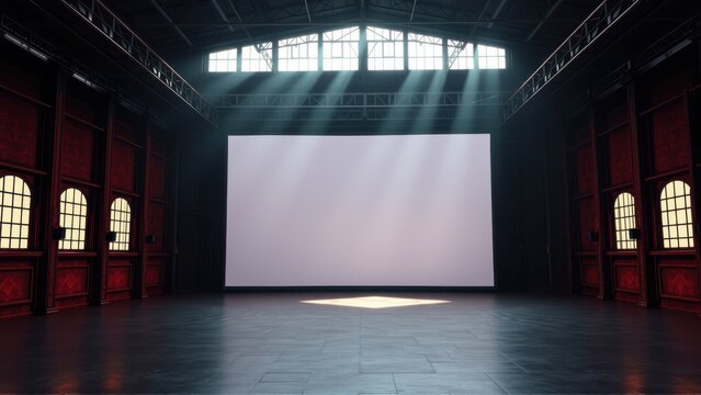 Empty theater interior. Dramatic lighting highlights large screen. Dark walls, high ceiling, windows visible. Spacious, quiet atmosphere.
