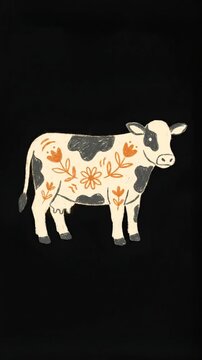 Glowing Hand-Drawn Cow Illustration with Floral Ornamentation Style