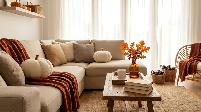 Cozy autumn living room interior with beige sectional couch orange knitted blanket plush pumpkin cushions wooden table and fall foliage for seasonal home decor.
