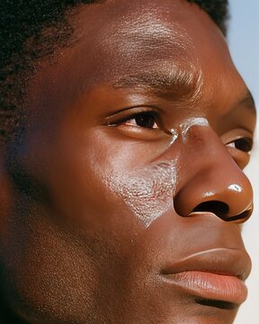 Close-up of a male face displaying quiet subdued sadness, featuring smooth skin texture and natural light highlighting facial features against a soft background