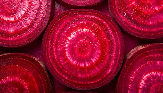 Bright red sliced raw beetroot closeup background texture.