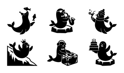 Fototapeta premium Charming Seal Vector Icons Set: Festive, Musical, and Celebratory Scenes, Black and White Silhouette Graphics for Diverse Applications