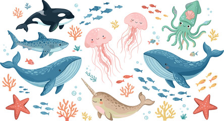 Cute Sea Life Collection with Whale Shark Jellyfish and Octopus, Ocean Animal Cartoon Vector Illustration Set for Kids © MdJamanur