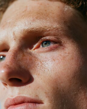 Close-up of a young male face displaying quiet subdued sadness, featuring light freckles, blue eyes, and soft lighting against a neutral background