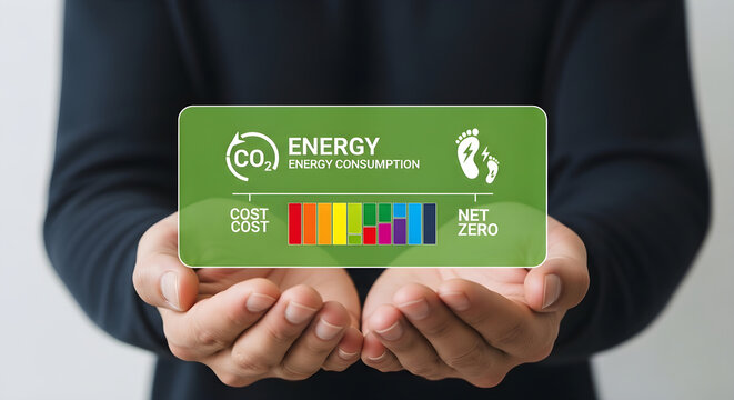 Hands holding a digital interface showing a sustainability energy consumption chart to achieve net zero and reduce carbon emissions