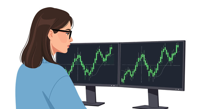 Caucasian Female Algorithmic Trader Analyzing Green Candlesticks