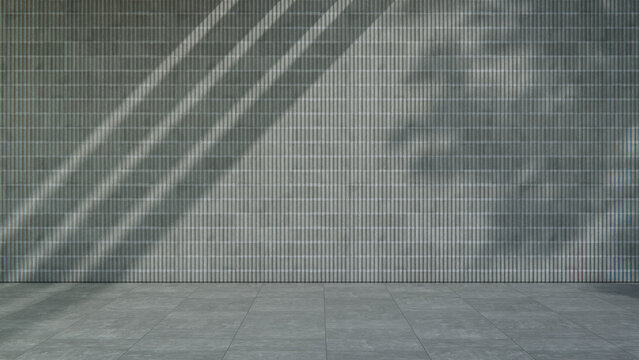 Fluted Concrete Block Wall Backdrop with Empty Tiled Floor, Diagonal Sunlight and Branch Shadows. Quiet Moment Concept with copy-space.