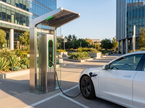 Sleek modern electric vehicle charging station connected to white car in sunlit urban parking area, sustainable transportation