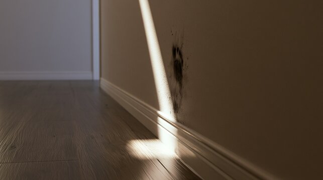 suspenseful. A clear muddy footprint on a clean, empty hallway wall with dramatic light. lifestyle magazines, social media lookbooks, designed for lifestyle magazines and social media content.