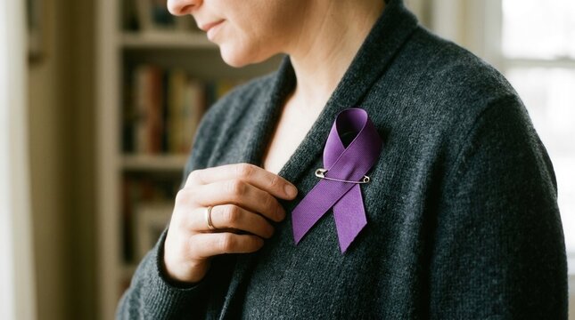Woman Wearing Purple Ribbon Pin for Awareness and Support