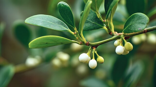 druid. Vibrant green mistletoe with white berries on a holly branch. gardening catalogs, home-decor guides, designed for gardening and botanical catalogs and home decor and floral branding.