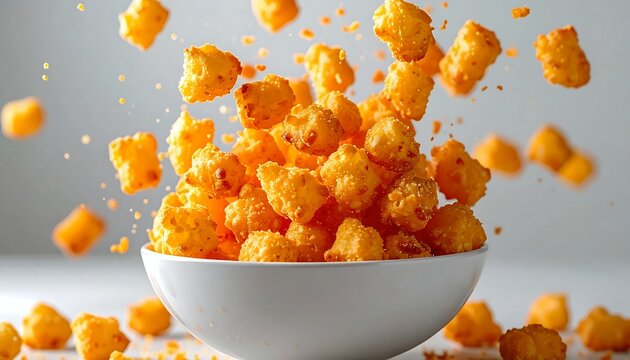 Crispy golden tater tots flying into a white ceramic bowl.