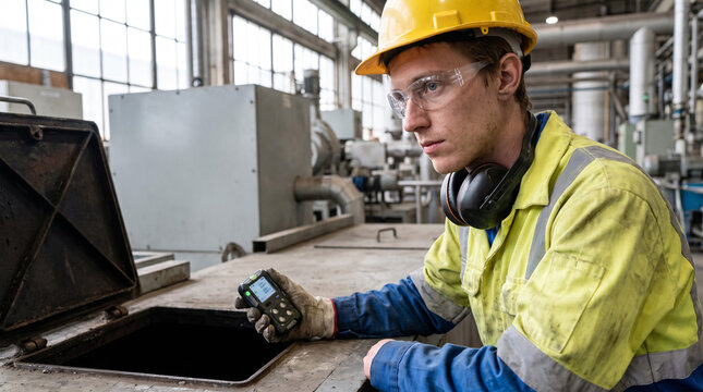 Maintenance technician in hi-vis jacket and protective gloves working inside industrial equipment. Factory worker carefully carrying out a repair task in a manufacturing plant workshop