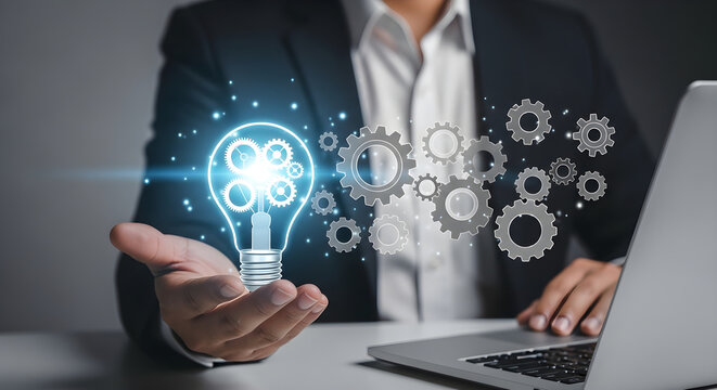 Professional Business Executive Presenting Innovative Light Bulb Idea with Gear Process Optimization and Digital Transformation Concepts