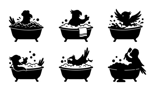 Cute Bird Bathing Silhouettes Set, Adorable Animal Hygiene Icons, Playful Feathered Friends in Bathtub Graphics, Vector Collection for Pet Care and Fun Themes
