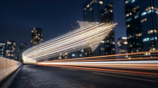 Golden arrow light streak curves upward on dark city highway at night with blurred buildings signifying advancement and achievement in urban development.