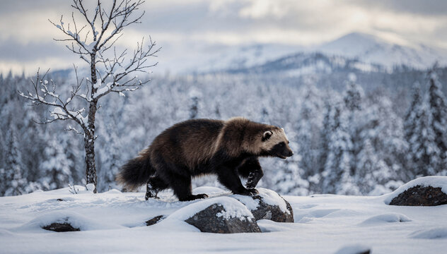 Close-Up of Wolverine Traversing Snowy Rocky Terrain in a Winter Coniferous Forest