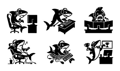 Fototapeta premium Gamer Shark Vector Icons Set: Gaming Sharks with Headphones, Computers, and Controllers, Celebrating Victory, 6 Elements