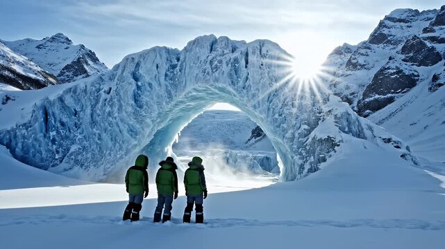 Three Adventurers in Bright Green Parkas Standing Before a Majestic Glacial Ice Arch