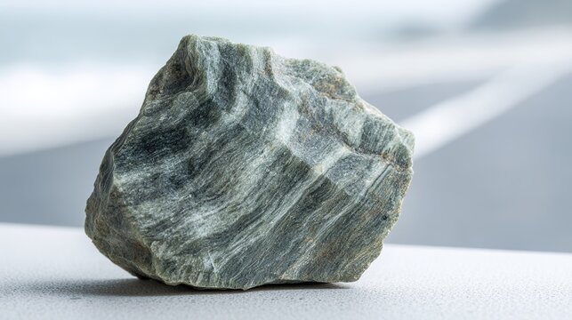 unreality. A smooth gray-green soapstone rock with wavy textures on a blurred background. gardening catalogs, home-decor guides, designed for home decor and floral branding.
