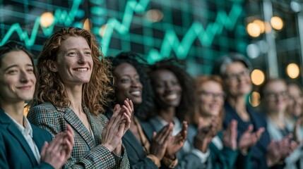 Obraz premium A group of all-female business professionals standing, applauding, and celebrating investment profits