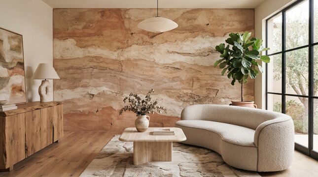 Modern Earthscape: Abstract natural-inspired textures merge warm clay, cream, and soft brown tones, creating an inviting visual atmosphere with a luxurious yet understated character.