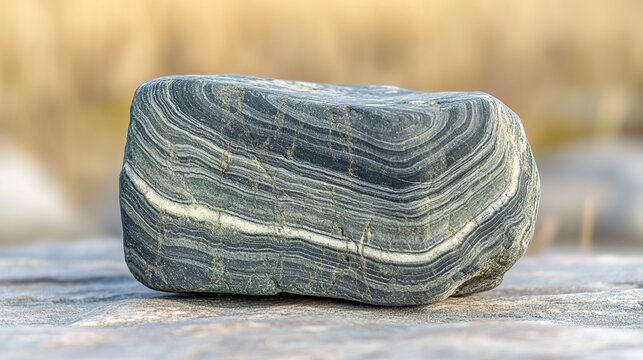 unreality. A smooth gray-green soapstone rock with wavy textures on a blurred background. gardening catalogs, home-decor guides, designed for home decor and floral branding.