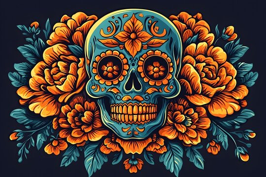 Illuminated sugar skull with glowing floral headdress